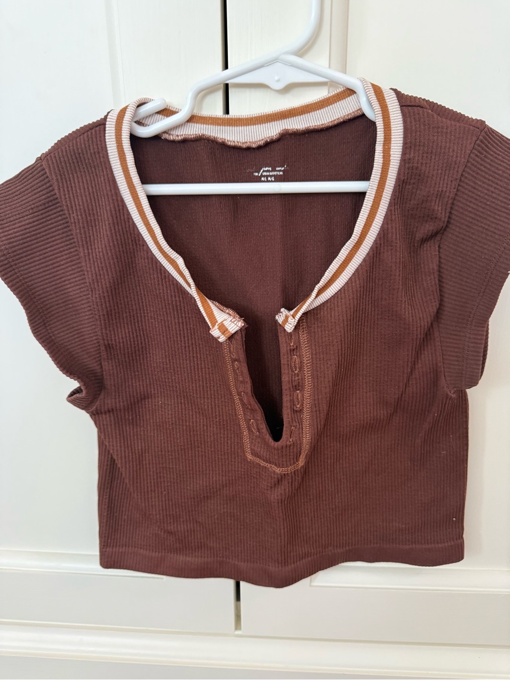 Out From Under brown Ribbed Short-Sleeve Brown Henley Top cropped